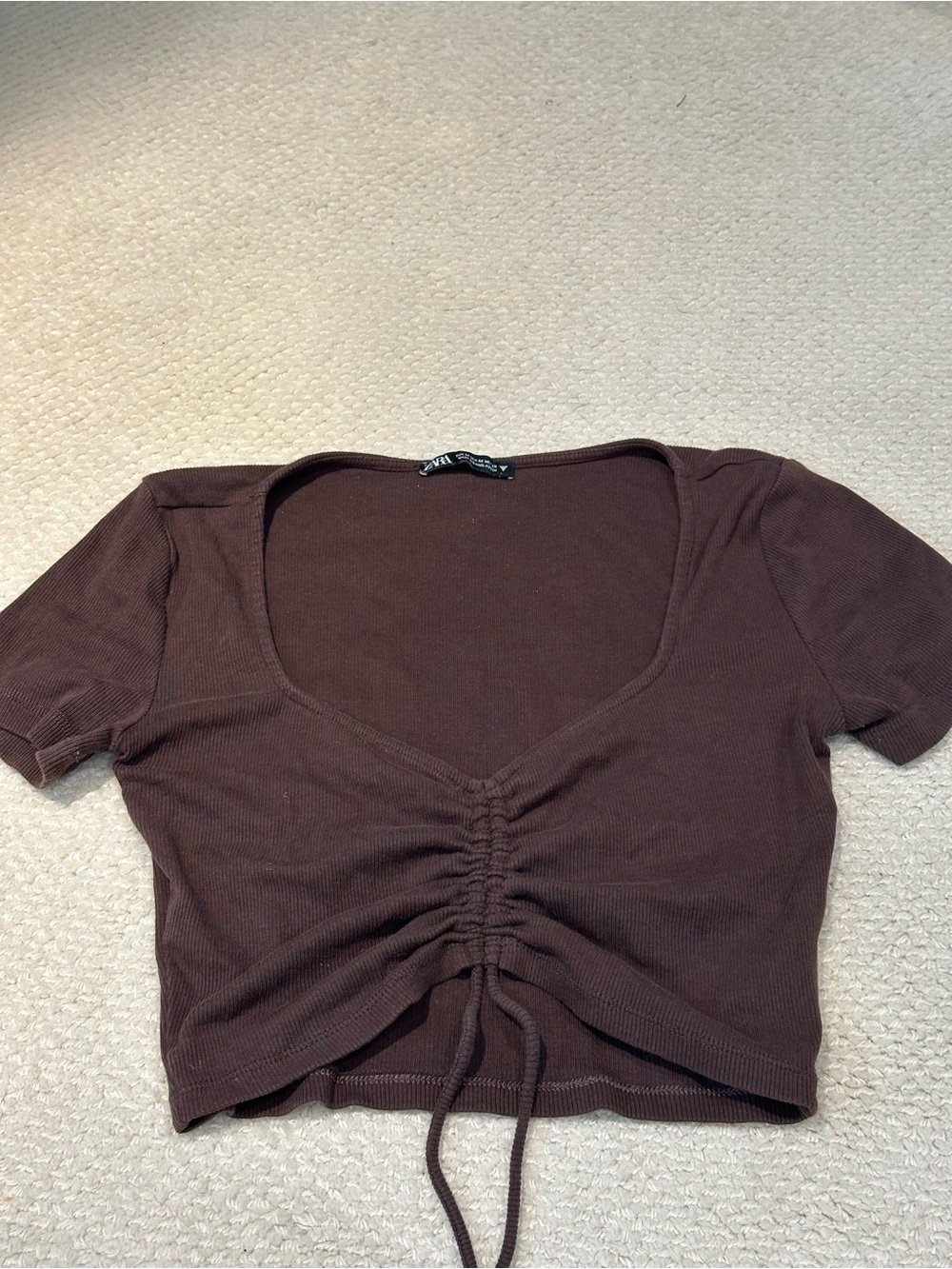 Zara Brown Ruched Scoop Neck Crop Top